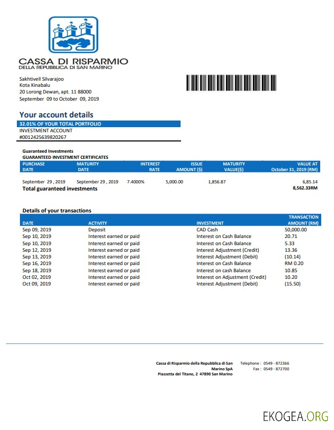 Relevé bancaire de Saint Marin Cassa di Risparmio